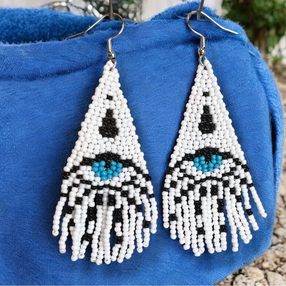 Evil Eye Seed Bead Fringe Earrings: Boho Dangle Earrings Handcrafted White Blue - Picture 14 of 17